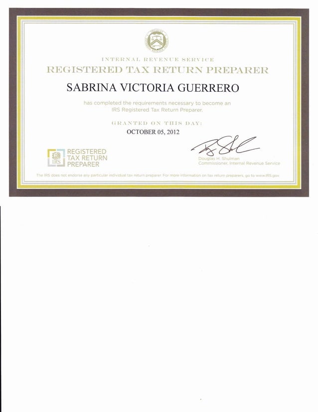 Irs registered tax return preparer certificate