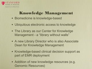 Knowledge Management

•

Biomedicine is knowledge-based

•

Ubiquitous electronic access to knowledge

•

The Library as our Center for Knowledge
Management - a “library without walls”

•

A new Library Director who is also Associate
Dean for Knowledge Management

•

Knowledge-based clinical decision support as
part of EMR deployment

•

Addition of new knowledge resources (e.g.
Genomic Resources)

 