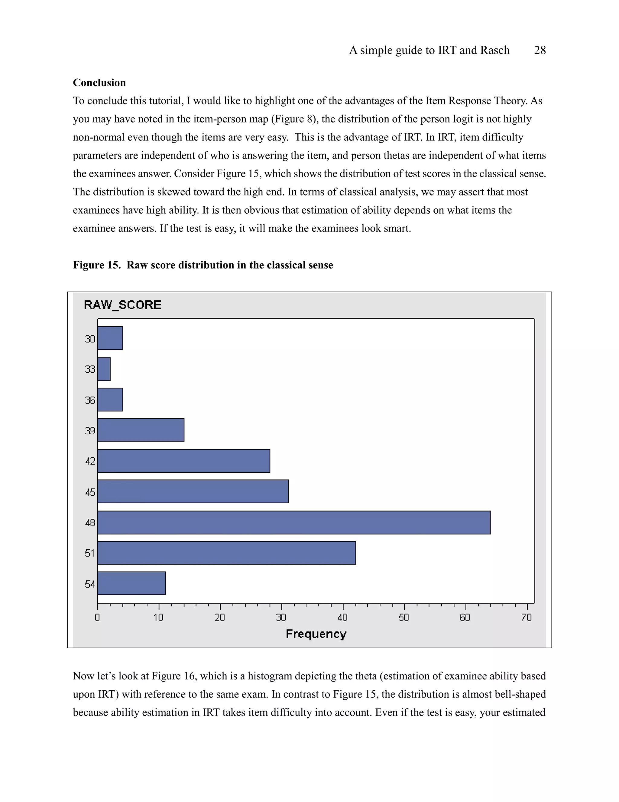 A simple guide to IRT and Rasch 28
Conclusion
To conclude this tutorial, I would like to highlight one of the advantages of the Item Response Theory. As
you may have noted in the item-person map (Figure 8), the distribution of the person logit is not highly
non-normal even though the items are very easy. This is the advantage of IRT. In IRT, item difficulty
parameters are independent of who is answering the item, and person thetas are independent of what items
the examinees answer. Consider Figure 15, which shows the distribution of test scores in the classical sense.
The distribution is skewed toward the high end. In terms of classical analysis, we may assert that most
examinees have high ability. It is then obvious that estimation of ability depends on what items the
examinee answers. If the test is easy, it will make the examinees look smart.
Figure 15. Raw score distribution in the classical sense
Now let’s look at Figure 16, which is a histogram depicting the theta (estimation of examinee ability based
upon IRT) with reference to the same exam. In contrast to Figure 15, the distribution is almost bell-shaped
because ability estimation in IRT takes item difficulty into account. Even if the test is easy, your estimated
 