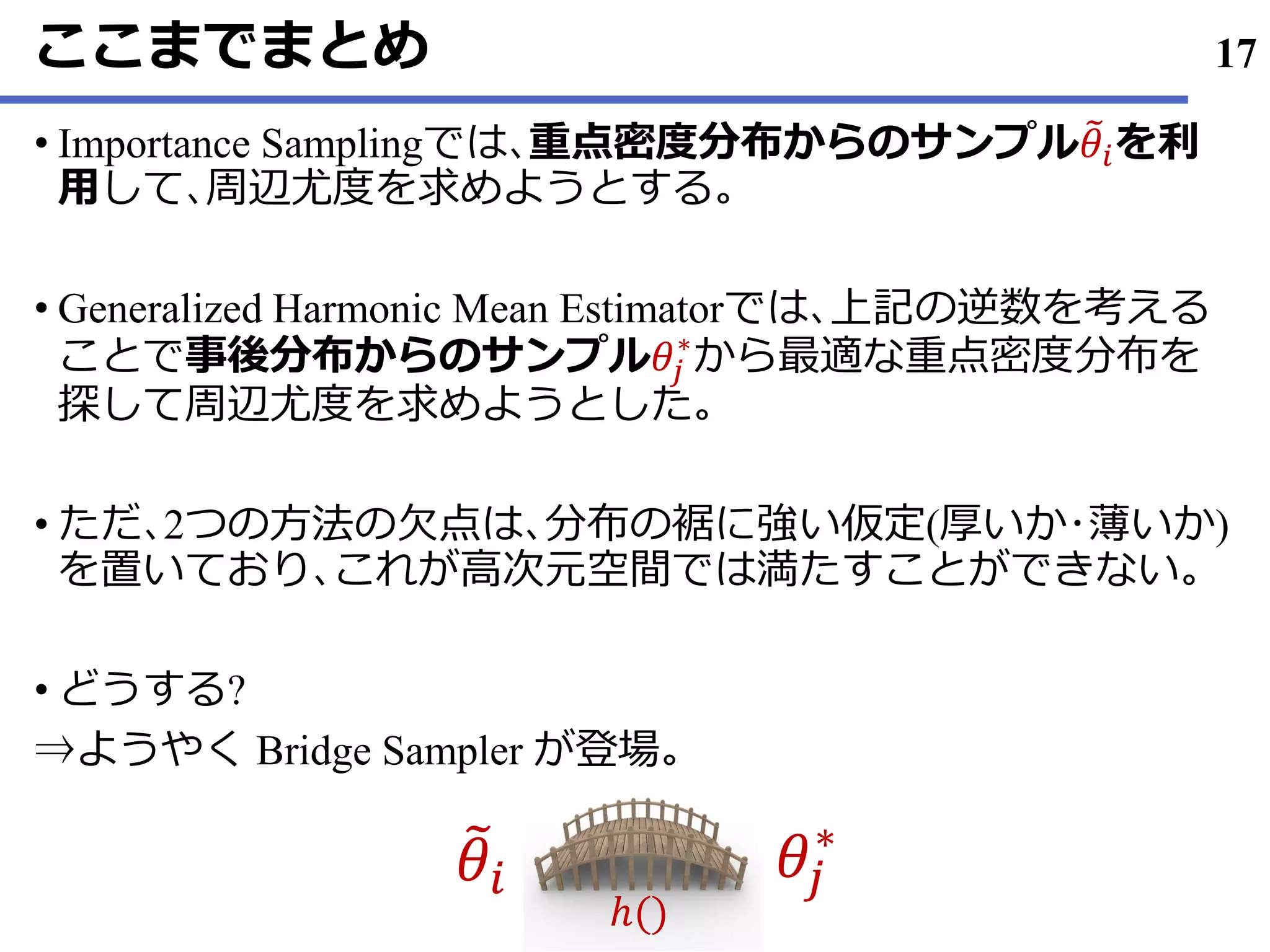 ここまでまとめ
Importance Sampling• では､重点密度分布からのサンプル ෨𝜃𝑖を利
用して､周辺尤度を求めようとする｡
Generalized Harmonic Mean Estimator• では､上記の逆数を考える
ことで事後分布からのサンプル𝜃𝑗
∗
から最適な重点密度分布を
探して周辺尤度を求めようとした｡
ただ• ､2つの方法の欠点は､分布の裾に強い仮定(厚いか･薄いか)
を置いており､これが高次元空間では満たすことができない｡
どうする• ?
⇒ようやく Bridge Sampler が登場｡
17
෨𝜃𝑖 𝜃𝑗
∗
ℎ()
 