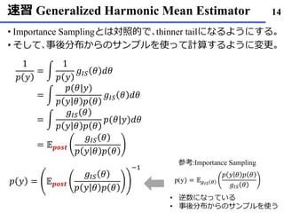 速習 Generalized Harmonic Mean Estimator
• Importance Samplingとは対照的で､thinner tailになるようにする｡
• そして､事後分布からのサンプルを使って計算するように変更｡
14
1
𝑝 𝑦
= න
1
𝑝 𝑦
𝑔𝐼𝑆 𝜃 𝑑𝜃
= න
𝑝(𝜃|𝑦)
𝑝 𝑦 𝜃 𝑝 𝜃
𝑔𝐼𝑆 𝜃 𝑑𝜃
= න
𝑔𝐼𝑆 𝜃
𝑝 𝑦 𝜃 𝑝 𝜃
𝑝(𝜃|𝑦)𝑑𝜃
= 𝔼 𝒑𝒐𝒔𝒕
𝑔𝐼𝑆 𝜃
𝑝 𝑦 𝜃 𝑝 𝜃
𝑝 𝑦 = 𝔼 𝒑𝒐𝒔𝒕
𝑔𝐼𝑆 𝜃
𝑝 𝑦 𝜃 𝑝 𝜃
−1
p(y) = 𝔼 𝑔 𝐼𝑆 𝜃
𝑝 𝑦 𝜃 𝑝 𝜃
𝑔𝐼𝑆 𝜃
参考:Importance Sampling
• 逆数になっている
• 事後分布からのサンプルを使う
 