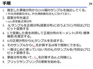 手順
1. 推定した事後分布から2×N個のサンプルを抽出してくる｡
半分• (奇数番目)を𝑁1､半分(偶数番目)を𝑁1に分けておく｡
提案分布2. を選ぶ
ex) (• 多変量)正規分布
3. 𝑁1サンプルを正規分布(提案分布)に合うように(今回は)プロ
ビット変換する
4. 3.で変換した者を利用して正規分布のモーメント(平均･標準
偏差)を推定する｡
5. 4.の正規分布から𝑁2サンプルを生成する｡
そのサンプルから6. 𝑙2,𝑖を計算する(R等で簡単にできる)｡
7. 一番はじめに使っていない方の𝑁1のサンプルを(今回は)プロ
ビット変換する｡
事後分布8. を用いて､ 𝑙1,𝑗を計算する(6.と同様に)｡
ブリッジサンプリングの9. 更新を始める｡
29
 
