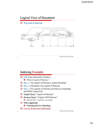 3/26/2019
10
19
Logical View of Document
Information Retrieval Techniques
 Way head to Indexing
20
Indexing Example
Information Retrieval Techniques
 UIN (User Information Need) is
 What is Capital of Pakistan ?
 Doc. 1: The capital of Pakistan is called Islamabad
 Doc. 2: Islamabad is the capital of Pakistan
 Doc. 3: The capitals of Pakistan and India are Islamabad
and Delhi, respectively
 Simple Query “Capital of Pakistan”
 Boolean Query “Capital AND Pakistan”
 Delivers Doc. 1 and Doc. 2 as results
 Naive approach
 Scanning and Text Matching
 Can we do this more efficiently?
 