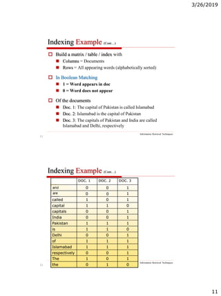 3/26/2019
11
21
Indexing Example (Cont…)
Information Retrieval Techniques
 Build a matrix / table / index with
 Columns = Documents
 Rows = All appearing words (alphabetically sorted)
 In Boolean Matching
 1 = Word appears in doc
 0 = Word does not appear
 Of the documents
 Doc. 1: The capital of Pakistan is called Islamabad
 Doc. 2: Islamabad is the capital of Pakistan
 Doc. 3: The capitals of Pakistan and India are called
Islamabad and Delhi, respectively
22
Indexing Example (Cont…)
Information Retrieval Techniques
 