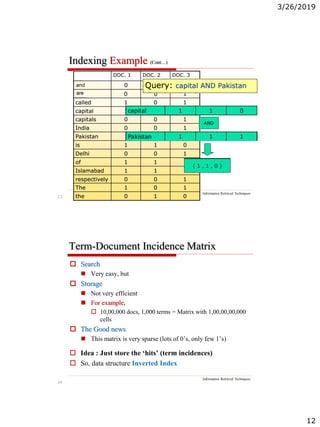 3/26/2019
12
23
Indexing Example (Cont…)
Information Retrieval Techniques
24
Term-Document Incidence Matrix
Information Retrieval Techniques
 Search
 Very easy, but
 Storage
 Not very efficient
 For example,
 10,00,000 docs, 1,000 terms = Matrix with 1,00,00,00,000
cells
 The Good news
 This matrix is very sparse (lots of 0’s, only few 1’s)
 Idea : Just store the ‘hits’ (term incidences)
 So, data structure Inverted Index
 