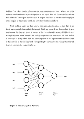 fashion. First, take a number of neurons and array them to form a layer. A layer has all its
inputs connected to either a preceding layer or the inputs from the external world, but not
both within the same layer. A layer has all its outputs connected to either a succeeding layer
or the outputs to the external world, but not both within the same layer.
Next, multiple layers are then arrayed one succeeding the other so that there is an
input layer, multiple intermediate layers and finally an output layer. Intermediate layers,
that is those that have no inputs or outputs to the external world, are called hidden layers.
Back propagation neural networks are usually fully connected. This means that each neuron
is connected to every output from the preceding layer or one input from the external world
if the neuron is in the first layer and, correspondingly, each neuron has its output connected
to every neuron in the succeeding layer.
Figure 7: Backpropagation Network
 