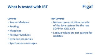 What is tested with IRT
Covered
• Sender Modules
• Routing
• Mappings
• Receiver Modules
• Dynamic properties
• Synchronous messages
Not Covered
• Native communication outside
of the Java system like the raw
SOAP or IDOC calls
• Lookup values are not cached for
updates
© Figaf 2017
 