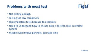 © Figaf 2017
• Not testing enough
• Testing too low complexity
• Skip important tests because too complex
• Need to understand how to ensure data is correct, look in remote
system
• Maybe even involve partners, can take time
Problems with most test
 