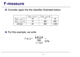 F-measure
Consider again the the classifier illustrated below
T (dj , cp) = 1 T (dj , cp) = 0
F(dj , cp) = 1 10 0 10
F(dj , cp) = 0 10 980 990
all docs 20 980 1,000
For this example, we write
p. 141
1 p
F (c ) =
2 ∗ 1 ∗
0.5
1 + 0.5
~
67%
 