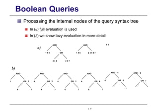 Boolean Queries
Processing the internal nodes of the query syntax tree
In (a) full evaluation is used
In (b) we show lazy evaluation in more detail
AND
1 OR 2 4
4 3
AND
OR 2 4
4 3
AND
OR 3 4
4 7
AND
OR 4
6 7
AND 4
6 OR 6
7
AND 6
OR 7
AND
OR
2 3 7
2 4 6
1 4 6
AND
p. 27
1 4 6 2 3 4 6 7
4 6
b)
a)
 