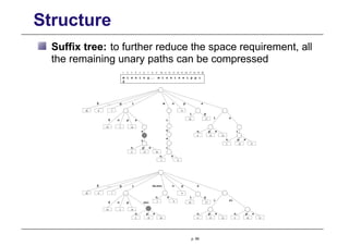Structure
Suffix tree: to further reduce the space requirement, all
the remaining unary paths can be compressed
1 2 3 4 5 6 7 8 9 10 11 12 13 14 15 16 17 18 19 20
si
m i s s i n g m i s s i s s i p p i
$
14 11
4 12
p s
n
i s
4 15 12
p s
n p s
n
3 14 11
i
i p
18 17
i p
18 17
19 5 16
s s
s
i
i
s
n
$ p
6
1 9
7
20 8
n s
g
$ n
m
i
19 5 16
n
$ p
6
7
20 8
g
$ n
i
ssi
missi
p s
n
2 13 10
1 9
n s
i
p s
n
2 13 10
s
p
15
p s
i
p s
n
3
p. 69
 