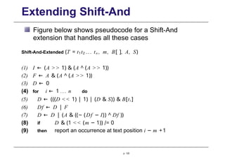 Extending Shift-And
Figure below shows pseudocode for a Shift-And
extension that handles all these cases
Shift-And-Extended (T = t1t2 ... tn , m, B[ ], A, S)
(1) I ← (A >> 1) & (A ^ (A >> 1))
(2) F ← A & (A ^ (A >> 1))
(3) D ← 0
(4) for i ← 1 ... n do
(5) D ← (((D << 1) | 1) | (D & S)) & B[ti ]
(6) Df ← D | F
(7) D ← D | (A & ((∼ (Df − I)) ^ Df ))
(8) if D & (1 << (m − 1)) /= 0
(9) then report an occurrence at text position i − m +1
p. 120
 