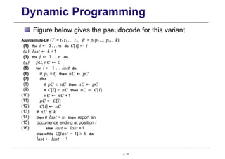 Dynamic Programming
Figure below gives the pseudocode for this variant
Approximate-DP (T = t1 t2 ... tn , P = p1p2 ... pm , k)
p. 137
C[i] ← i
(1) for i ← 0 . . . m do
(2) last ← k +1
(3) for j ← 1 . . . n do
(4) pC, nC ← 0
(5) for i ← 1 ... last do
(6) if pi = tj then nC ← pC
(7) else
(8)
(9)
(10)
(11)
(12)
(13)
(14)
(15)
(16)
if pC < nC then nC ← pC
if C[i] < nC then nC ← C[i]
nC ← nC +1
pC ← C[i]
C[i] ← nC
if nC ≤ k
then if last = m then report an
occurrence ending at position i
else last ← last +1
else while C[last − 1] > k do
last ← last − 1
 