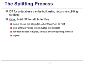 The Splitting Process
DT for a database can be built using recursive splitting
strategy
Goal: build DT for attribute Play
select one of the attributes, other than Play, as root
use attribute values to split tuples into subsets
for each subset of tuples, select a second splitting attribute
repeat
p. 42
 