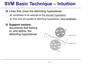 SVM Basic Technique – Intuition
Lines that cross the delimiting hyperplanes
candidates to be selected as the decision hyperplane
lines that are parallel to delimiting hyperplanes: best candidates
Support vectors:
documents that belong
to, and define, the
delimiting hyperplanes
p. 79
 