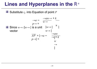 Lines and Hyperplanes in the Rn
Substitute tp into Equation of point P
→a −
p→ =
→aw→ + k
w→
|w→ |
×
|
w→ |
Since w→ /|w→ | is a unit
vector
AP = |→a −
p→| =
→aw
→ + k
|
w
→
|
p. 88
 