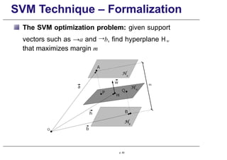 SVM Technique – Formalization
The SVM optimization problem: given support
vectors such as →a and →b, find hyperplane Hw
that maximizes margin m
p. 90
 
