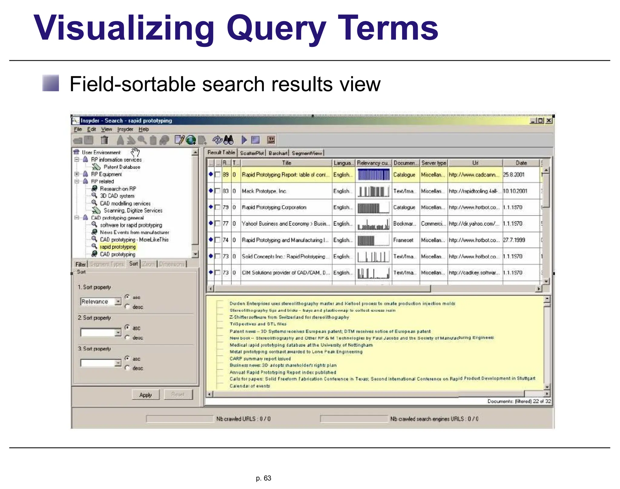 Visualizing Query Terms
Field-sortable search results view
p. 63
 