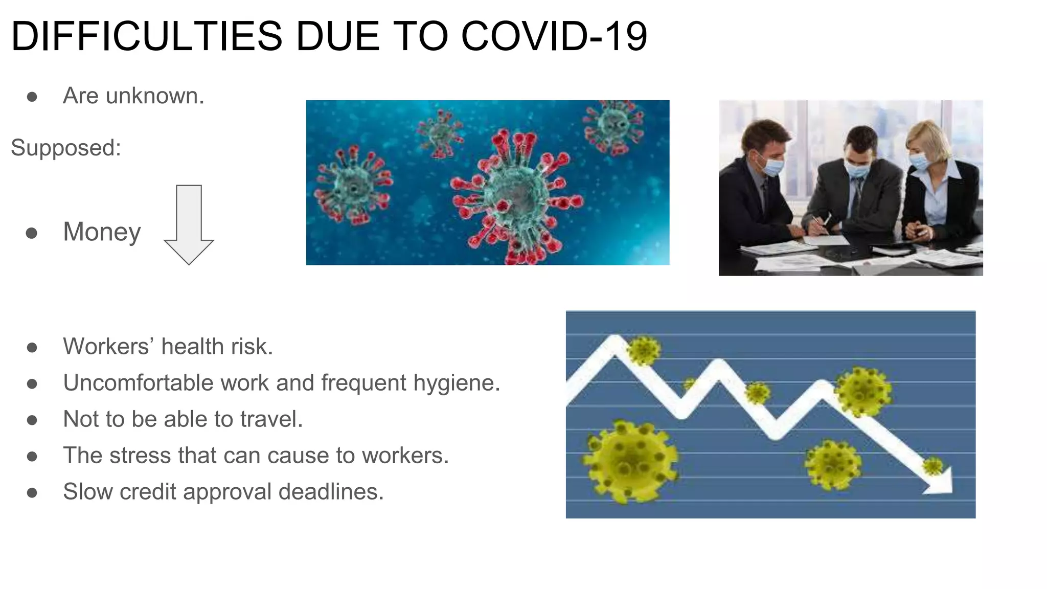 DIFFICULTIES DUE TO COVID-19
● Are unknown.
Supposed:
● Money
● Workers’ health risk.
● Uncomfortable work and frequent hygiene.
● Not to be able to travel.
● The stress that can cause to workers.
● Slow credit approval deadlines.
 