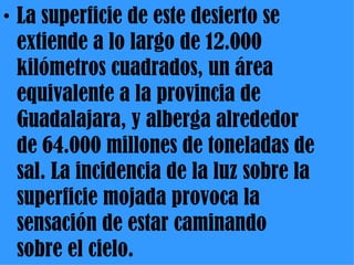 La superficie de este desierto se extiende a lo largo de 12.000 kilómetros cuadrados, un área equivalente a la provincia de Guadalajara, y alberga alrededor de 64.000 millones de toneladas de sal. La incidencia de la luz sobre la superficie mojada provoca la sensación de estar caminando sobre el cielo.  