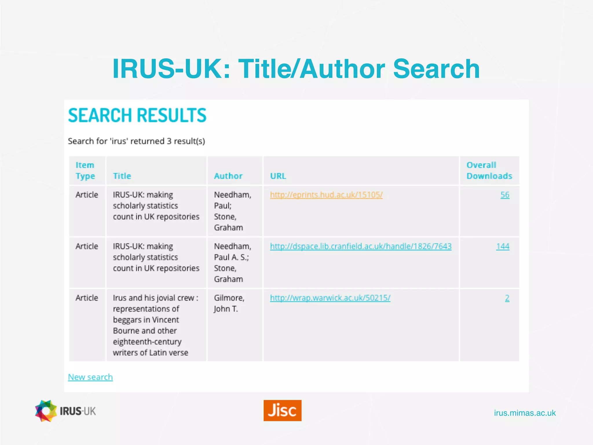 irus.mimas.ac.uk
IRUS-UK: Title/Author Search
 
