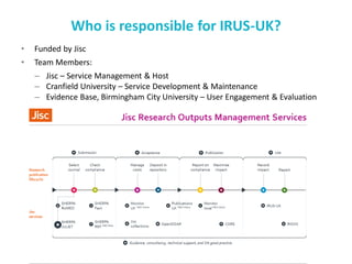 Who is responsible for IRUS-UK?
• Funded by Jisc
• Team Members:
– Jisc – Service Management & Host
– Cranfield University – Service Development & Maintenance
– Evidence Base, Birmingham City University – User Engagement & Evaluation
Bringing together key repository services to deliver a
connected national infrastructure to support OA
 