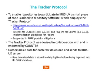 The Tracker Protocol
• To enable repositories to participate in IRUS-UK a small piece
of code is added to repository software, which employs the
‘Tracker Protocol’
– http://www.irus.mimas.ac.uk/help/toolbox/TrackerProtocol-V3-2014-
04-22.pdf
– Patches for DSpace (1.8.x, 3.x, 4.x) and Plug-ins for Eprints (3.2-3.3.x),
implementation guidelines for Fedora
– Supported in PURE portal and figshare
• The Tracker Protocol was devised in collaboration with and is
endorsed by COUNTER
• Gathers basic data for each raw download and sends to IRUS-
UK server
– Raw download data is stored in daily logfiles before being ingested into
IRUS-UK database
 