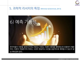 사용자융합리서치 | WEEK 2 : Scientific Research
6) 예측 가능성
5. 과학적 리서치의 특징 (Wimmer & Dominick, 2013)
연구자들이 이론을 발전시키려고 애쓰는 이유는 이론이 행위를 예측하는데 유용하기 때문
이다. 이론이 적절한가의 여부는 그것이 현상이나 사건을 성공적으로 예측할 수 있는가 없
는가에 달려 있다.
 