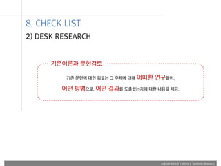 사용자융합리서치 | WEEK 2 : Scientific Research
2) DESK RESEARCH
8. CHECK LIST
기존 문헌에 대한 검토는 그 주제에 대해 어떠한 연구들이,
어떤 방법으로, 어떤 결과를 도출했는가에 대한 내용을 제공.
기존이론과 문헌검토
 
