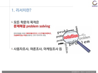 사용자융합리서치 | WEEK 2 : Scientific Research
모든 학문의 목적은
문제해결 problem solving
1. 리서치란?
문제 해결을 위해 1)데이터를 모으고, 2) 근거를 마련하고,
3)설득력 있는 주장을 펼치는 것이 리서치의 과정.
사용자조사, 여론조사, 마케팅조사 등
 