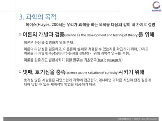 사용자융합리서치 | WEEK 2 : Scientific Research
3. 과학의 목적
헤이스(Hayes, 2005)는 우리가 과학을 하는 목적을 다음과 같이 네 가지로 설명
이론의 개발과 검증(science as the development and testing of theory)을 위해
이론은 현상을 설명하기 위해 존재.
이론의 타당성을 검증하고, 이론들이 실제로 적용될 수 있는지를 확인하기 위해, 그리고
이론들이 어떻게 수정되어야 하는지를 판단하기 위해 과학적 연구를 수행.
이론을 검증하고 발전시키기 위한 연구는 기초연구(basic research)
넷째, 호기심을 충족(science as the satiation of curiosity)시키기 위해
호기심 많은 사람들은 자연스럽게 과학에 접근한다. 왜냐하면 과학은 자신이 던진 질문에
대해 답할 수 있는 체계적인 방법을 제공하기 때문.
 