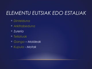 ELEMENTU EUTSIAK EDO ESTALIAK


Dintelduna



Arkitrabeduna



Zureria



Teilatuak



Ganga – Moldeak



Kupula - Motak

 