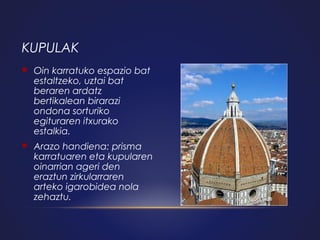 KUPULAK


Oin karratuko espazio bat
estaltzeko, uztai bat
beraren ardatz
bertikalean birarazi
ondona sorturiko
egituraren itxurako
estalkia.



Arazo handiena: prisma
karratuaren eta kupularen
oinarrian ageri den
eraztun zirkularraren
arteko igarobidea nola
zehaztu.

 