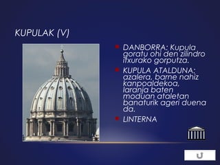 KUPULAK (V)






DANBORRA: Kupula
goratu ohi den zilindro
itxurako gorputza.
KUPULA ATALDUNA:
azalera, barne nahiz
kanpoaldekoa,
laranja baten
moduan ataletan
banaturik ageri duena
da.
LINTERNA

 