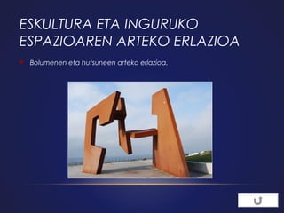 ESKULTURA ETA INGURUKO
ESPAZIOAREN ARTEKO ERLAZIOA


Bolumenen eta hutsuneen arteko erlazioa.

 