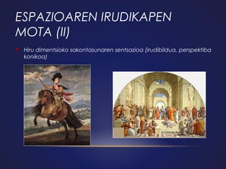 ESPAZIOAREN IRUDIKAPEN
MOTA (II)


Hiru dimentsioko sakontasunaren sentsazioa (irudibildua, perspektiba
konikoa)

 