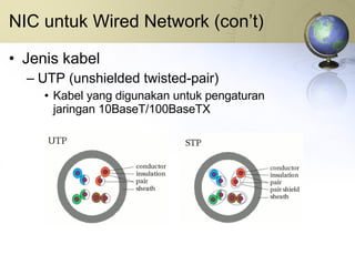 NIC untuk Wired Network (con’t) Jenis kabel UTP (unshielded twisted-pair) Kabel yang digunakan untuk pengaturan jaringan 10BaseT/100BaseTX  