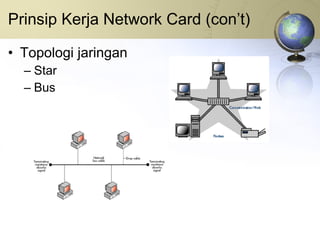 Prinsip Kerja Network Card (con’t) Topologi jaringan Star Bus 