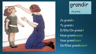 grandir
(to grow)
Je grandis
Tu grandis
Il/Elle/On grandit
Nous grandissons
Vous grandissez
Ils/Elles grandissent