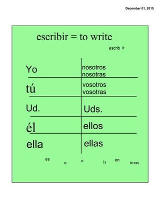 December 01, 2015
escrib ir
o
es e imosís en
Yo nosotros
nosotras
vosotros
vosotras
Uds.
ellos
ellas
tú
Ud.
él
ella
escribir = to write
 