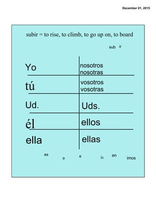 December 01, 2015
sub ir
o
es e imosís en
Yo nosotros
nosotras
vosotros
vosotras
Uds.
ellos
ellas
tú
Ud.
él
ella
subir = to rise, to climb, to go up on, to board
 