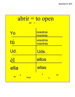 December 01, 2015
abrir = to openabr ir
o ese
imos ís
en
Yo nosotros
nosotras
vosotros
vosotras
Uds.
ellos
ellas
tú
Ud.
él
ella
 