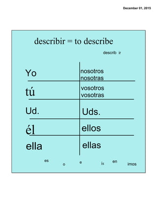 December 01, 2015
describ ir
o
es e imosís en
Yo nosotros
nosotras
vosotros
vosotras
Uds.
ellos
ellas
tú
Ud.
él
ella
describir = to describe
 