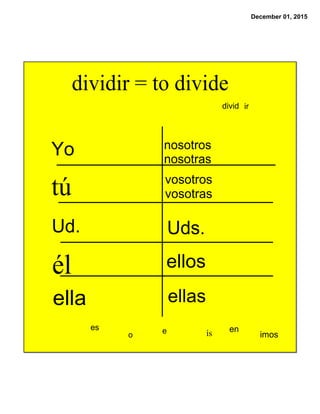 December 01, 2015
divid ir
o
es e imosís en
Yo nosotros
nosotras
vosotros
vosotras
Uds.
ellos
ellas
tú
Ud.
él
ella
dividir = to divide
 