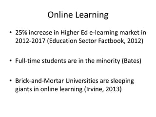 Online Learning
• 25% increase in Higher Ed e-learning market in
2012-2017 (Education Sector Factbook, 2012)
• Full-time students are in the minority (Bates)
• Brick-and-Mortar Universities are sleeping
giants in online learning (Irvine, 2013)
 