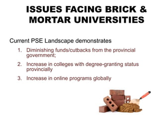 ISSUES FACING BRICK &
MORTAR UNIVERSITIES
Current PSE Landscape demonstrates
1. Diminishing funds/cutbacks from the provincial
government;
2. Increase in colleges with degree-granting status
provincially
3. Increase in online programs globally
 