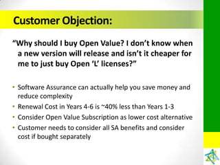 Customer Objection:
“Why should I buy Open Value? I don’t know when
 a new version will release and isn’t it cheaper for
 me to just buy Open ‘L’ licenses?”

• Software Assurance can actually help you save money and
  reduce complexity
• Renewal Cost in Years 4-6 is ~40% less than Years 1-3
• Consider Open Value Subscription as lower cost alternative
• Customer needs to consider all SA benefits and consider
  cost if bought separately
 