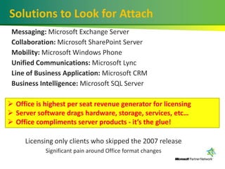  Office is highest per seat revenue generator for licensing
 Server software drags hardware, storage, services, etc…
 Office compliments server products - it’s the glue!
 