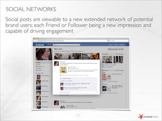 SOCIAL NETWORKS
Social posts are viewable to a new extended network of potential
brand users; each Friend or Follower being a new impression and
capable of driving engagement
 