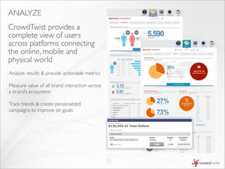 ANALYZE
CrowdTwist provides a
complete view of users
across platforms connecting
the online, mobile and
physical world
Analyze results & provide actionable metrics

Measure value of all brand interaction across
a brand’s ecosystem

Track trends & create personalized
campaigns to improve on goals
 